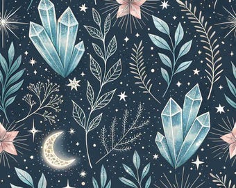 Celestial Crystal Cotton Fabric – Moon Stars Botanical Print Fabric Mystic Night Sky Fabric Celestial Witch Fabric By The Half Yard