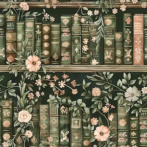 May include: A repeating pattern of vintage books arranged on shelves, featuring dark green spines with gold lettering and intricate floral illustrations. Pale pink and white flowers with green leaves are intertwined throughout the book spines.