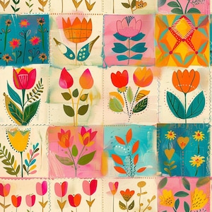 May include: A grid-patterned fabric featuring a variety of hand-painted style floral illustrations. Each square contains distinct botanical motifs including tulips, daisies, and abstract leaves in vibrant shades of orange, pink, teal, and yellow.