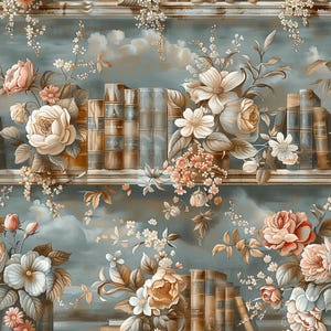 Vintage Bookshelf Cotton Fabric : 55 inches width, 100 % Cotton, Library, Books, Peony, Blossom