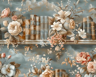 Vintage Bookshelf Fabric Antique Library Fabric Stacked Books Soft Peony Blossom Fabric Sewing Cotton Fabric By The Half Yard