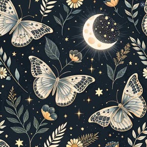 May include: A repeating pattern with butterflies, flowers, leaves, stars, and a crescent moon on a dark blue backdrop. The butterflies have intricate wing designs in white and grey. Floral and celestial elements combine to create a whimsical, dreamlike design.