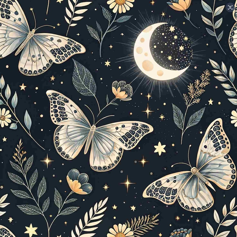 May include: A repeating pattern with butterflies, flowers, leaves, stars, and a crescent moon on a dark blue backdrop. The butterflies have intricate wing designs in white and grey. Floral and celestial elements combine to create a whimsical, dreamlike design.