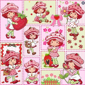 Pode incluir: Um design de patchwork colorido com múltiplas ilustrações de um personagem com cabelo ruivo, usando um chapéu e uma roupa com tema de morango. O personagem é mostrado com morangos, flores e um cupcake, em um fundo rosa e verde.