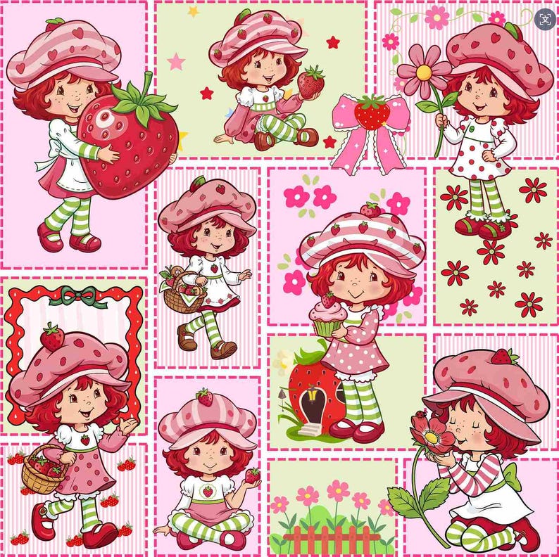 May include: A repeating pattern featuring the character Strawberry Shortcake in various poses, wearing a pink strawberry-patterned hat, a pink and white dress, and green and white striped leggings, surrounded by strawberries, flowers, and bows.