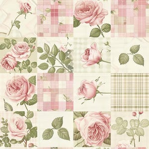 Puede incluir: Un patrón de tela con una cuadrícula de cuadrados que alterna diseños de rosas de color rosa claro, hojas verdes, bloques a cuadros rosas y patrones de tartán beige. Los motivos florales muestran pétalos rosa suave sobre fondo crema.