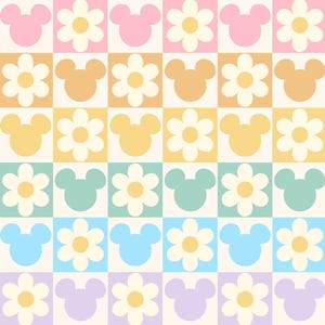 Peut inclure: Motif répétitif de carrés alternés avec une fleur et une tête de Mickey Mouse dans différentes couleurs pastel. Les couleurs incluent le rose, le jaune, le bleu et le lavande, sur fond crème.