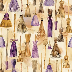 May include: A seamless pattern featuring watercolor illustrations of various brooms in shades of purple and natural tan. The design displays multiple broom styles with wooden handles and bristles, arranged against a light beige background with soft brown watercolor washes.