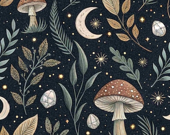 Mushroom Moon Cotton Fabric – Mystical Woodland Botanical Print Fabric Cottagecore Quilting Fabric Celestial Witch Fabric By The Half Yard