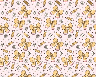 Yellow Bow Pencil Fabric Sweet Doodle Stationery Fabric Back To School Fabric DIY Craft Fabric Sewing Cotton Fabric By The Half Yard