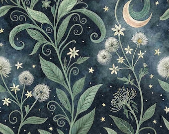 Moon Botanical Cotton Fabric – Dark Floral Night Garden Print Fabric Cottagecore Quilting Fabric Celestial Witch Fabric By The Half Yard
