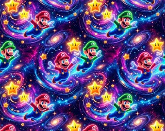 May include: A repeating pattern featuring Mario and Luigi characters set against a cosmic backdrop. The design incorporates the characters, yellow stars, and swirling galaxies in shades of blue, purple, and pink. A bright and colourful design.