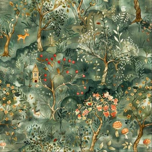 May include: A fabric pattern featuring a dense forest scene in shades of dark green, sage, and olive. The design includes stylised trees, a small deer, a tiny house, red berries, orange flowers, and spotted mushrooms scattered throughout the landscape.