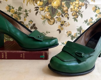 Vintage Green Leather Pumps Chunky Heel Loafers Retro 1960s Women’s Shoes US Size 7