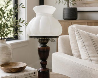 Vintage Milk Glass Hurricane Lamp, Cottagecore Table Lamp, Wooden Accent Lamp, Retro Tulip Shade Lighting, Cozy Vintage Home Decor