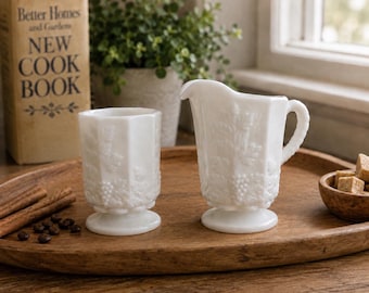 Vintage Westmoreland Milk Glass Creamer & Sugar Bowl Set | Paneled Grape Pattern