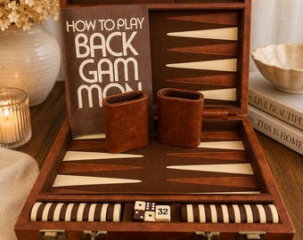 Vintage Backgammon Set Braun Kunstleder Reise Spiel Kaffeetisch Dekor 1970er Jahre Komplett