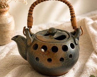 Scaldacandele a forma di teiera vintage, bruciatore di oli essenziali in ceramica, ceramica rustica, decorazione boho cottagecore