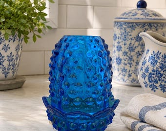 Vintage Fenton Cobalt Blue Hobnail Fairy Lamp | Blue Glass Candle Lamp | Mid Century Glass Decor | Cottagecore Accent | Collectible Lighting