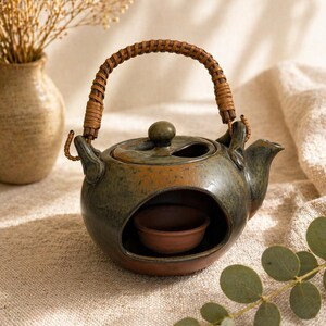 May include: A ceramic teapot with a woven handle and a small opening to hold a cup. The teapot is a mix of green and brown with a small, round lid. The handle is made of woven brown material. A small, brown cup sits inside the teapot.