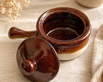 Vintage Brown Glazed Ceramic Mini Saucepan with Lid, Cottagecore Kitchenware