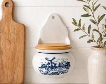 Vintage Delft Blue Salzbehälter, an der Wand befestigter keramischer Behälter, holländisches Windmühlendekor