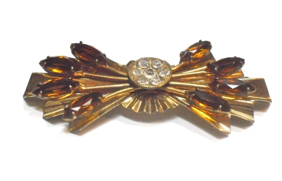 Shiny Goldtone Amber Rhinestone Art Deco Bow Styl… - image 4