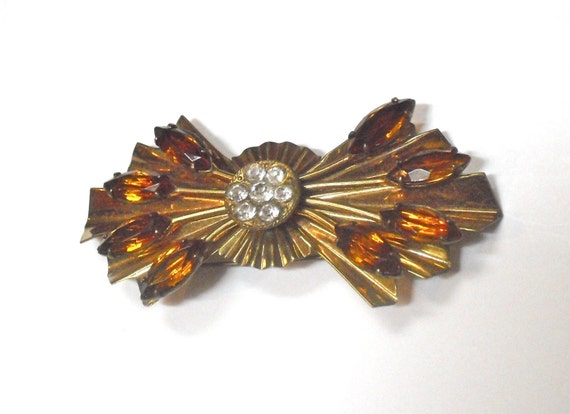 Shiny Goldtone Amber Rhinestone Art Deco Bow Styl… - image 5