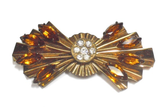Shiny Goldtone Amber Rhinestone Art Deco Bow Styl… - image 1