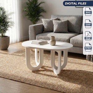 Könnte beinhalten: Ein weißer, ovaler Couchtisch mit zwei U-förmigen Beinen und einer glatten Tischplatte. Das Bild enthält digitale Dateisymbole mit der Beschriftung SVG, DXF, PDF und STEP, die darauf hinweisen, dass es sich um ein Möbeldesign handelt.