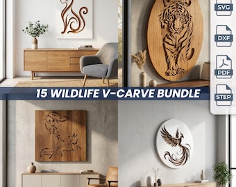 May include: A digital file bundle titled 15 WILDLIFE V-CARVE BUNDLE featuring SVG, DXF, PDF, and STEP formats. The collection includes various wood-carved wall art designs such as a cat, a tiger, foxes, and a phoenix, displayed in interior settings.