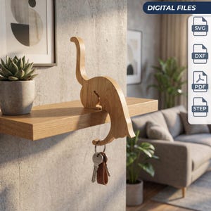 May include: A light brown wooden dinosaur-shaped key holder designed to perch on the edge of a shelf. The figure features a long neck and tail, with a metal ring holding keys suspended from its underside. Includes digital files labeled SVG, DXF, PDF, STEP.
