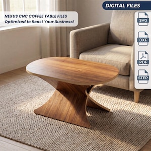 May include: A wooden coffee table with an oval top and a curved, hourglass-shaped base. Text on the image reads: NEXUS CNC COFFEE TABLE FILES Optimized to Boost Your Business! DIGITAL FILES, SVG, DXF, PDF, STEP.