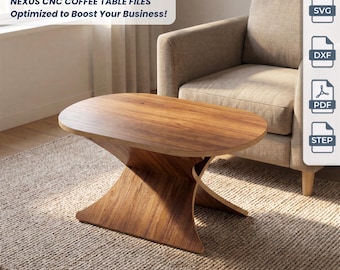 May include: A wooden coffee table with an oval top and a curved, hourglass-shaped base. Text on the image reads: NEXUS CNC COFFEE TABLE FILES Optimized to Boost Your Business! DIGITAL FILES, SVG, DXF, PDF, STEP.