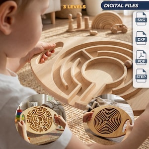 May include: A light-colored wooden maze board with a circular path and a small wooden ball. The board features two side handles for gripping. The image includes text labels for 3 levels and digital files in SVG, DXF, PDF, and STEP formats.