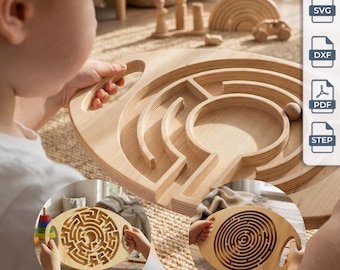 May include: A light-colored wooden maze board with a circular path and a small wooden ball. The board features two side handles for gripping. The image includes text labels for 3 levels and digital files in SVG, DXF, PDF, and STEP formats.