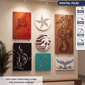 Puede incluir: Una colección de paneles de arte mural con diseños cortados a láser de una raya, estrella de mar, caballito de mar, atardecer con palmera, tiburones, marlín y cola de ballena. Incluye archivos digitales en formatos SVG, DXF, PDF y STEP.