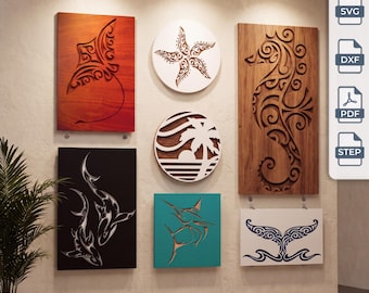 May include: A collection of wall art panels featuring laser-cut designs of a stingray, starfish, seahorse, palm tree sunset, sharks, marlin, and whale tail. The set includes digital files in SVG, DXF, PDF, and STEP formats for crafting projects.