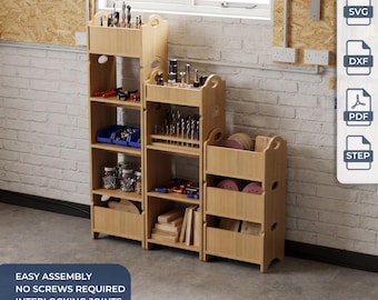 May include: A set of three light-colored wooden modular storage units with open shelves and top bins for tool organization. The units feature interlocking joints and are labeled as digital files including SVG, DXF, PDF, and STEP formats.