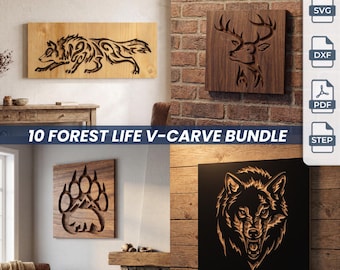 May include: A 10 Forest Life V-Carve bundle of digital files including SVG, DXF, PDF, and STEP formats. The collection features wooden wall art designs of a running wolf, a deer head, a bear paw print, and a snarling wolf face on various surfaces.