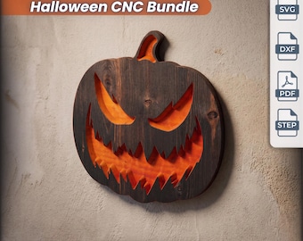 May include: A digital file bundle titled Halloween CNC Bundle featuring a dark brown wooden pumpkin cutout with a carved jack-o'-lantern face revealing a bright orange interior. Includes SVG, DXF, PDF, and STEP file formats for CNC projects.