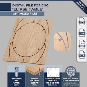 Pu&ograve; includere: Un file digitale per CNC intitolato 'ELIPSE TABLE' con file ottimizzati in formato SVG, DXF, PDF e STEP. Il design mostra una venatura del legno chiara con una richiesta di utensile da 6mm, spessore di 18mm e foglio da 91 x 68 cm.