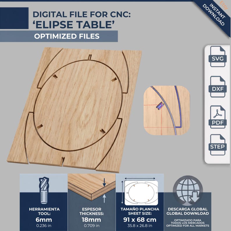 Pu&ograve; includere: Un file digitale per CNC intitolato 'ELIPSE TABLE' con file ottimizzati in formato SVG, DXF, PDF e STEP. Il design mostra una venatura del legno chiara con una richiesta di utensile da 6mm, spessore di 18mm e foglio da 91 x 68 cm.