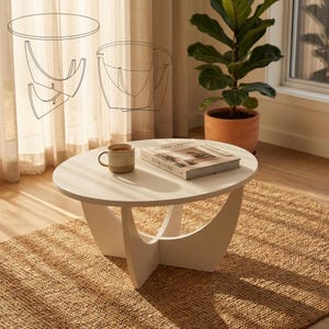 Pu&ograve; includere: Un tavolino rotondo bianco con una base curva, su cui sono appoggiati una tazza in ceramica marrone chiaro e un libro intitolato Slow Living. Sopra il tavolo, un sottile disegno a linee nere illustra l'assemblaggio della base.