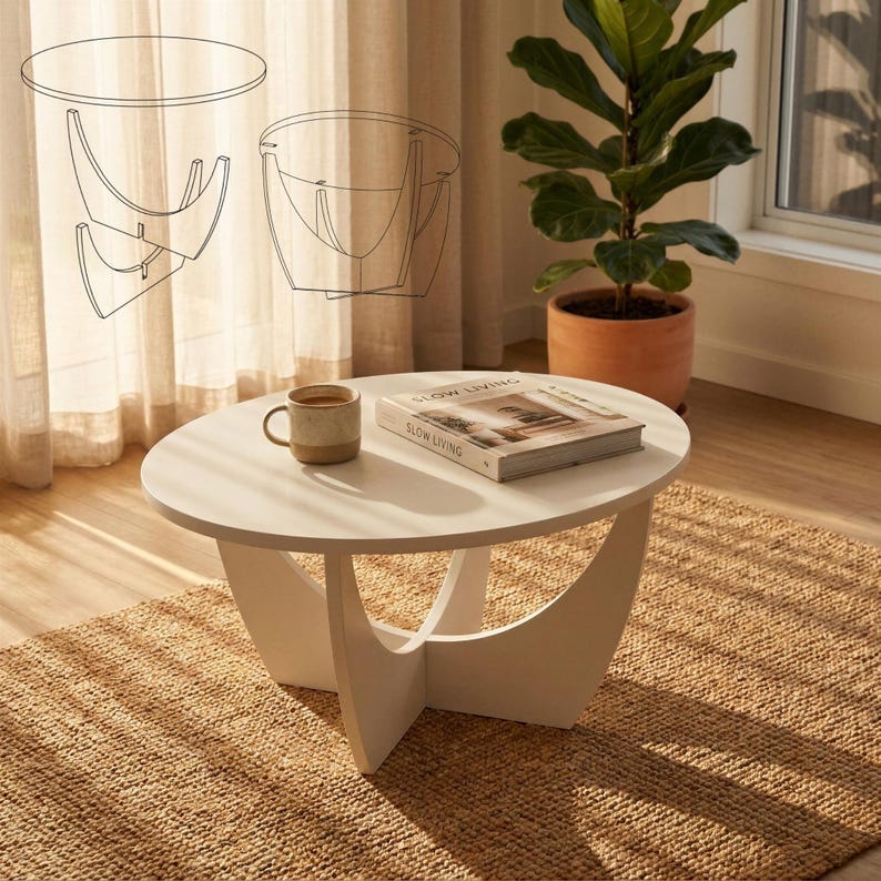 Pu&ograve; includere: Un tavolino rotondo bianco con una base curva, su cui sono appoggiati una tazza in ceramica marrone chiaro e un libro intitolato Slow Living. Sopra il tavolo, un sottile disegno a linee nere illustra l'assemblaggio della base.