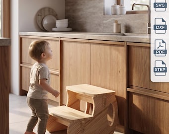 May include: A light-colored wooden two-step stool with curved side panels and a flat top step. The image includes a vertical sidebar with the text DIGITAL FILES and icons labeled SVG, DXF, PDF, and STEP, indicating these are downloadable files.