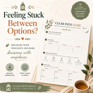 May include: A Clear Path Guide worksheet for decision-making with sections for options, priorities, and pros and cons. The document features green leaf illustrations, a date field, and text including Feeling Stuck Between Options and Clear Printables.