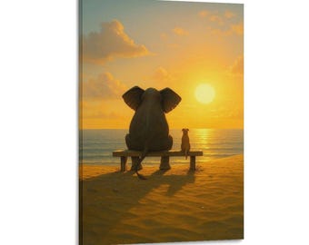 象と犬の友情プリント、幻想的なビーチの夕日、壁掛けアート、絵画ポスター、キャンバスプリント、アートワーク、寝室、リビングルーム