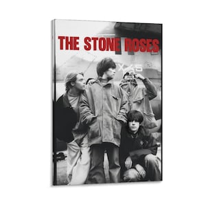 May include: A black and white poster featuring the band The Stone Roses. The image shows four individuals standing in front of a large aircraft. The text THE STONE ROSES is printed in bold red capital letters across the top of the composition.