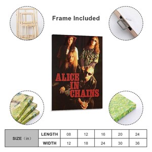 Puede incluir: Un lienzo rectangular con la banda Alice in Chains y el texto ALICE IN CHAINS en rojo. El producto incluye un marco de madera, un soporte met&aacute;lico para colgar y una tabla que muestra los tama&ntilde;os disponibles en pulgadas de 8x12 a 24x36.